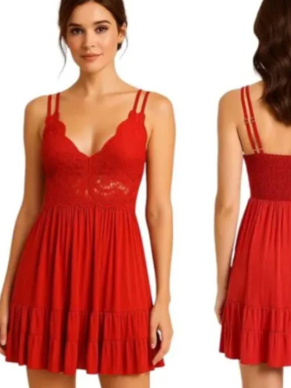 NEW POL Small Red Embroidered Mini Dress Smocked Back Adj. Straps Ruffle Hem